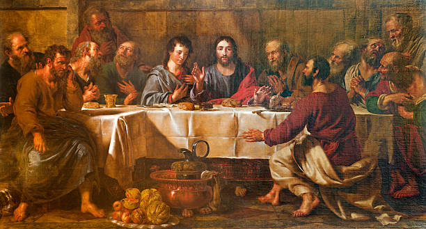 Brussels - Last super of Christ form st. Nicholas church Brussels - paint of Last supper of Christ form st. Nicholas church from 19. cent. last supper painting stock illustrations