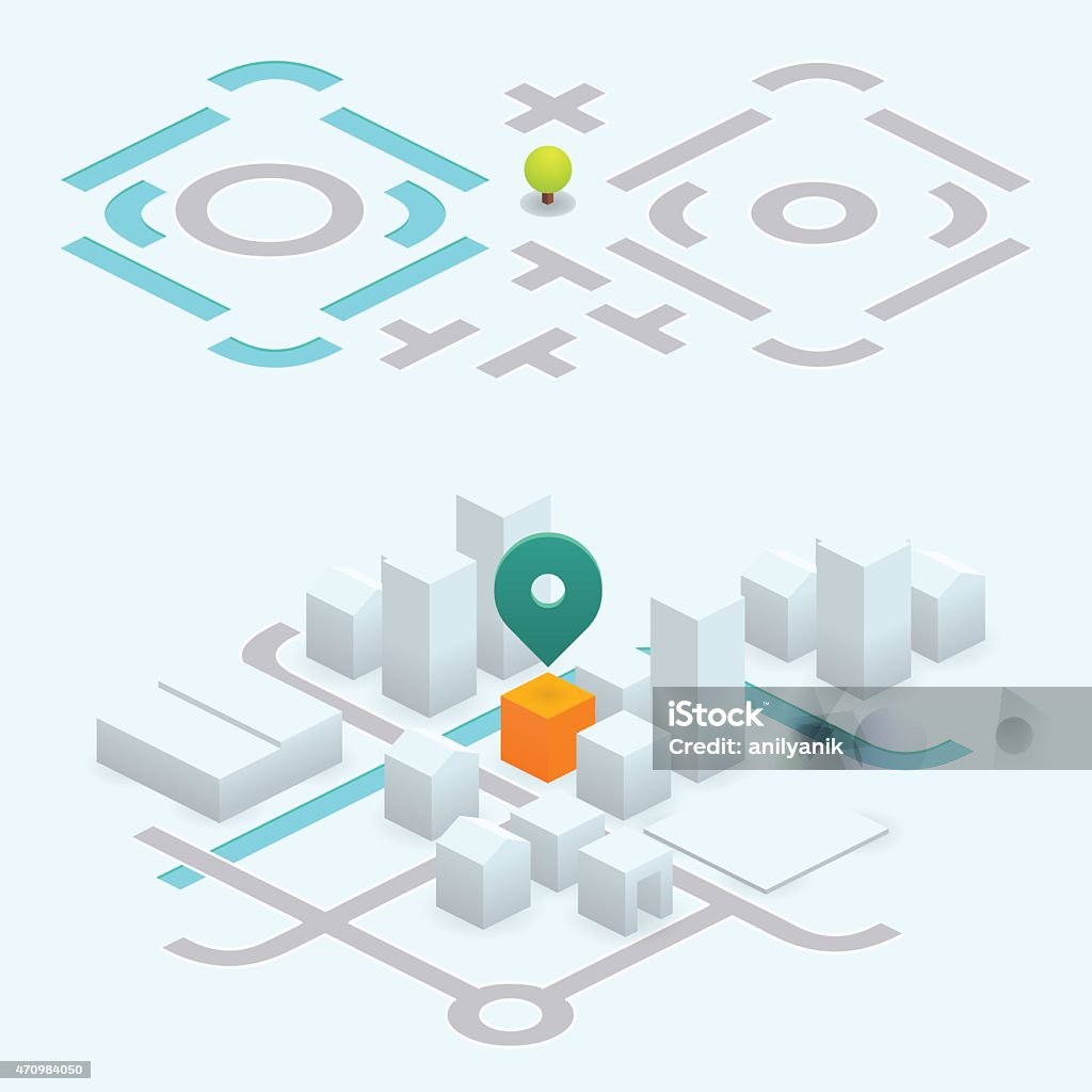 do it yourself map kit - 26.6° isometric isometric vector street map kit to build your own. the pin points an orange building among grey buildings. Isometric Projection stock vector