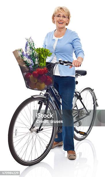 Active Senior Woman Stock Photo - Download Image Now - Bicycle, Cycling, White Background