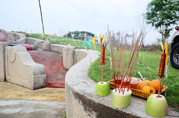 Ancestor Worshipping and Sacrificial offering in the Qingming Festival at graveyard in Sritasala Cemetery at Ratchaburi, Thailand.
