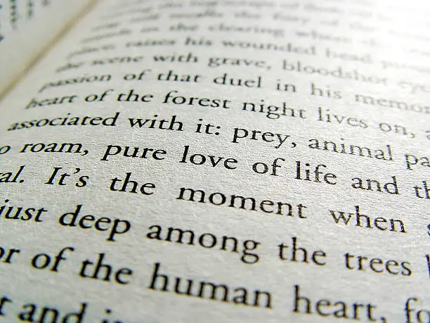 Macro of a page from a book.  With the word love in the centre of the photo, and other words slightly out of focus. You can clear see the texture of the paper.