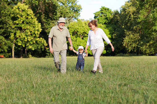 Little boy with his grandparents walking in the park