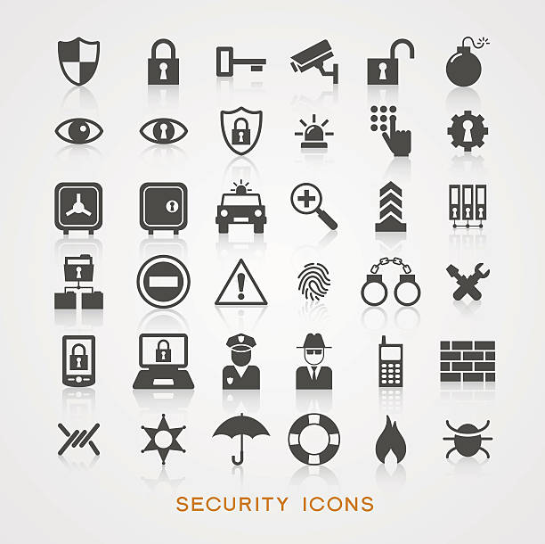 ilustraciones, imágenes clip art, dibujos animados e iconos de stock de iconos de seguridad - shield shielding riot shield computer