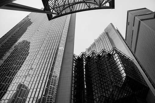 A view looking up at large glass towers on Bay Street in Toronto.