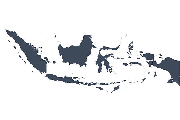 A graphic illustrated vector image showing the outline of the country Indonesia. The outline of the country is filled with a dark navy blue colour and is on a plain white background. The border of the country is a detailed path. 