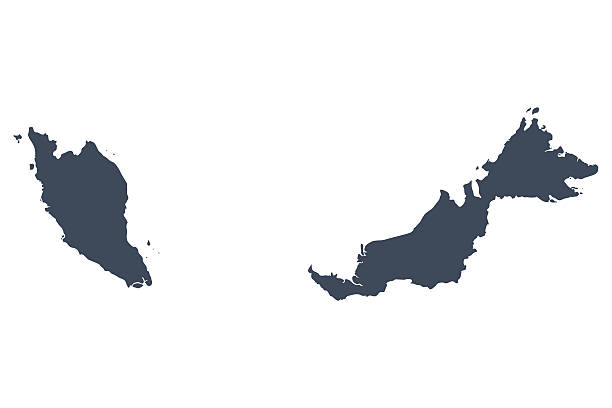 A graphic illustrated vector image showing the outline of the countries Singapore and malaysia . The outline of the country is filled with a dark navy blue colour and is on a plain white background. The border of the country is a detailed path. 