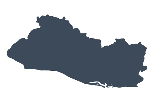 A graphic illustrated vector image showing the outline of the country El Salvador. The outline of the country is filled with a dark navy blue colour and is on a plain white background. The border of the country is a detailed path. 