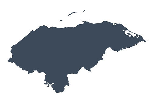 A graphic illustrated vector image showing the outline of the country Honduras. The outline of the country is filled with a dark navy blue colour and is on a plain white background. The border of the country is a detailed path. 