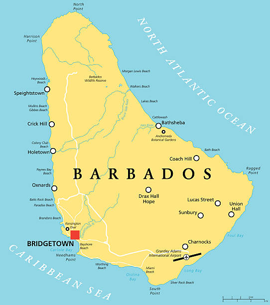 Barbados Political Map Barbados Political Map with capital Bridgetown, with important cities, places and rivers. English labeling and scaling. Illustration. barbados map stock illustrations