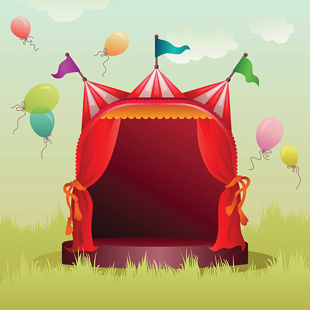 colorful circus tent on a meadow with balloons vector art illustration