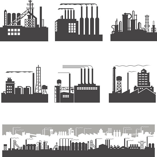 Blank and white graphic of factory silhouettes Some industrial Factories silhouette patterns. refinery stock illustrations