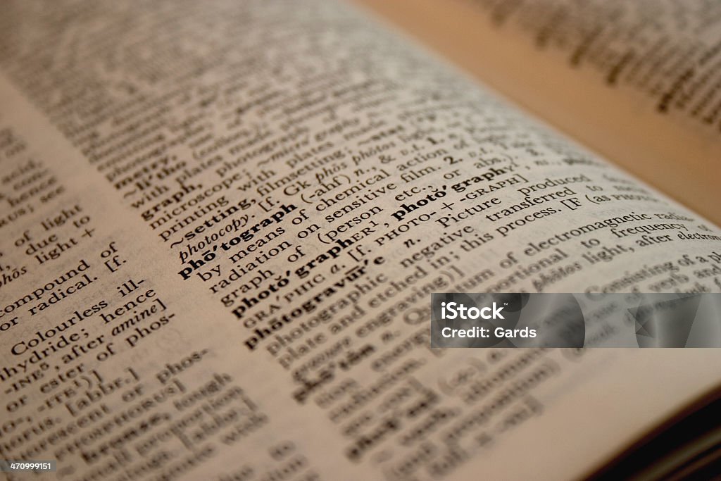 Photograph of "Photograph" Image of part dictionary page with word "Photograph" prominent. Pronoun Stock Photo