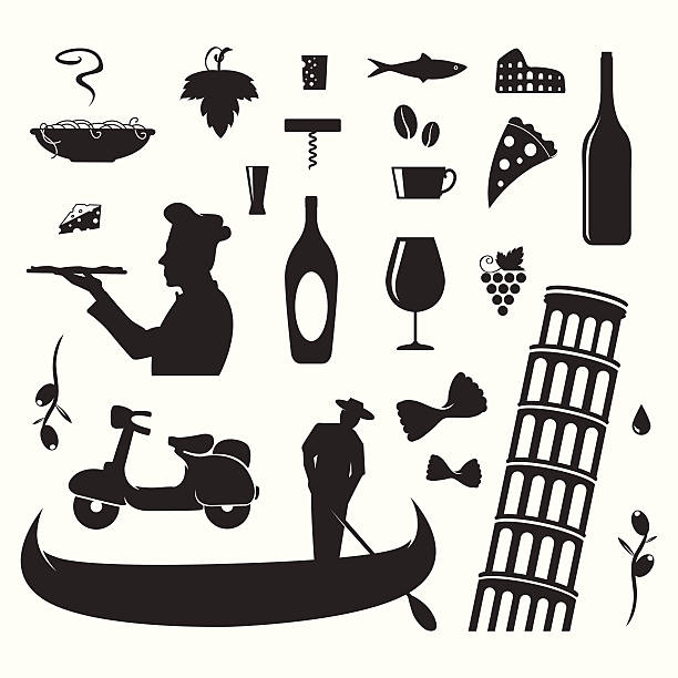 Italian culture symbols and silhouettes Italian culture symbols and icons set. Eps8.  chef silhouettes stock illustrations