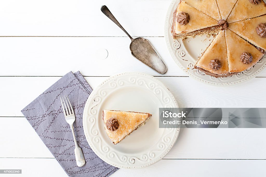 Piece of layered cake (Dobosh Hungarian cake) Sweet Pie Stock Photo