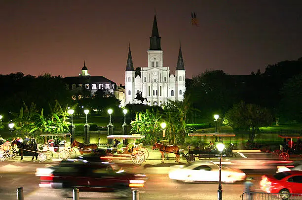 World-famous St. Louis Cathedral, in Jackson Square, New Orleans, on a summer night.