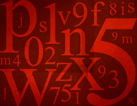 Random letters and numbers on blue grunge background.
