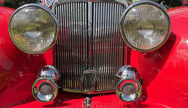 A great British car for the decerning gentleman.  This is a closeup of the radiator grille of a Triumph Roadster 2000 from 1948.  It means business!
