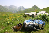 Hiking gear in a flowering mountain meadow 
