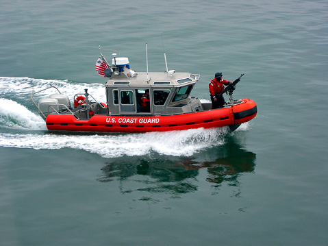 Turkey- Antalya, 11.11.2023: Antalya Coast Guard boat conducts protection patrol during the Turkish Stars show.