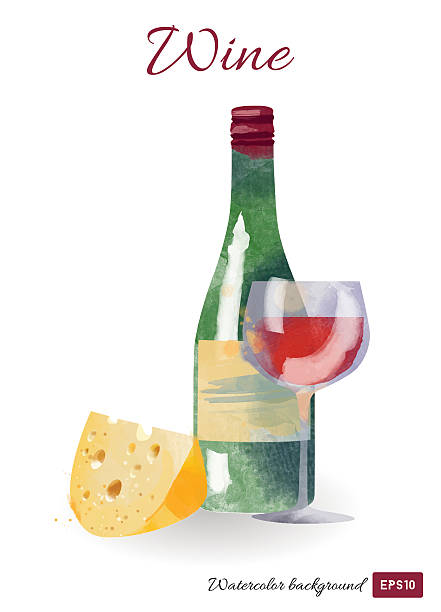 ilustraciones, imágenes clip art, dibujos animados e iconos de stock de vector de fondo de acuarela de vinos - cheese wine white background grape