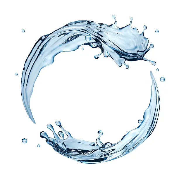3d realistic water splashing round frame, aqua, clear liquid splash isolated on white background