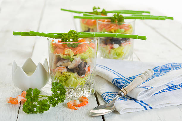 Salmon and shrimp verrine Seafood verrines with smoked salmon, shrimps, eel and salad trifle stock pictures, royalty-free photos & images