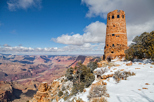 a photographer next to the desert view watchtower in winter