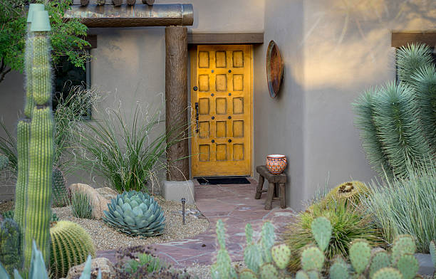 Example of desert Southwest Adobe outdoor architecture Example of desert Southwest Adobe outdoor architecture and landscaping desert vegetation stock pictures, royalty-free photos & images