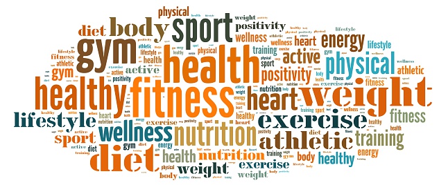 Illustration with a word cloud related to fitness.