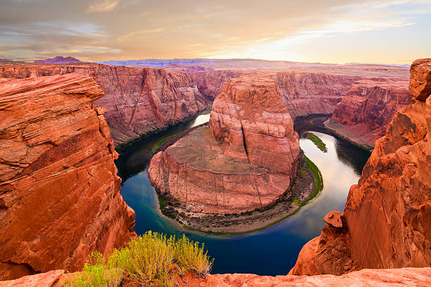 Nice Image of Horseshoe Bend Amazing Sunset Vista of Horseshoe Bend in Page, Arizona horseshoe bend river stock pictures, royalty-free photos & images