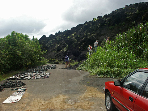 Road blocked by lava from the eruption of the volcano Mount Cameroon.