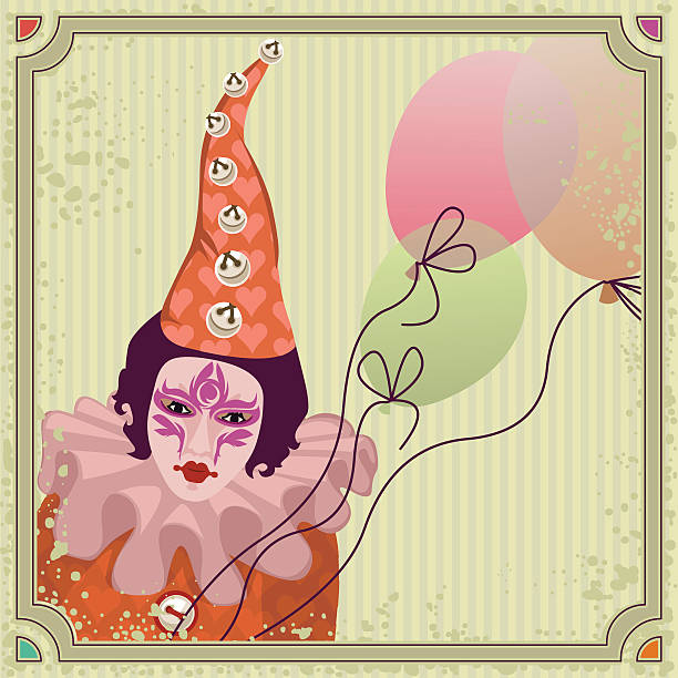 cute carnival clown with balloons vector art illustration
