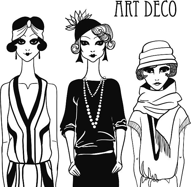 illustrazioni stock, clip art, cartoni animati e icone di tendenza di doodle tre donne in stile art déco. - party hat party hat retro revival