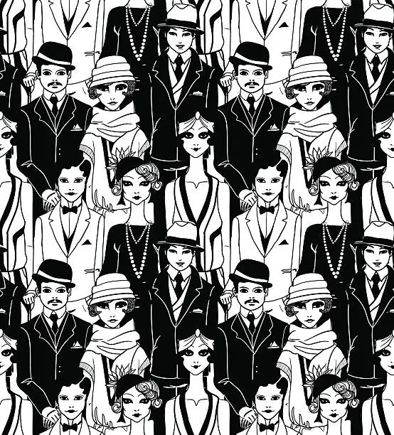Vector illustration of Doodle people in art deco style. Seamless pattern.