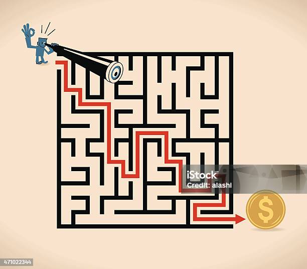 Businessman At Entrance To Maze With Telescope And Dollar Sign Stock Illustration - Download Image Now