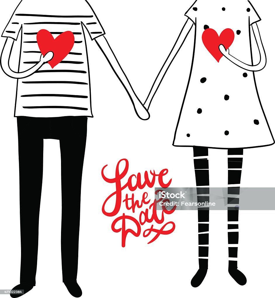 Cute doodle couple with hearts Cute doodle couple with hearts and hand lettering "save the date". Ma be used as a wedding invitation. Love - Emotion stock vector