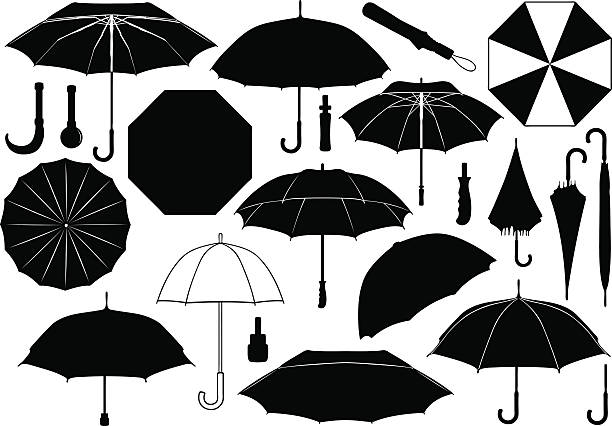 Black and white umbrella images against white background Set of different umbrellas isolated  rain silhouettes stock illustrations