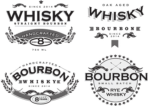 Set of four black and white retro Bourbon Whisky labels. Use food and drink,bar,entertainment,label. Black and white vector. Easy to edit. Text and typography design. Wheat and scroll elements. Restaurant, menu, sample,bottle. Handcrafted whisky,small batch whisky, Retro and vintage design look and feel. Design template.