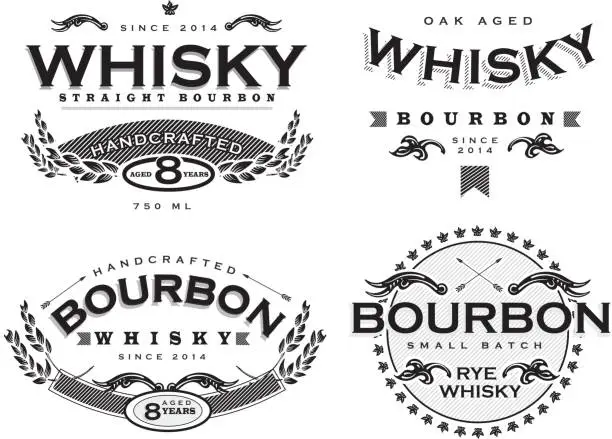 Vector illustration of Set of four black and white retro Bourbon Whisky labels