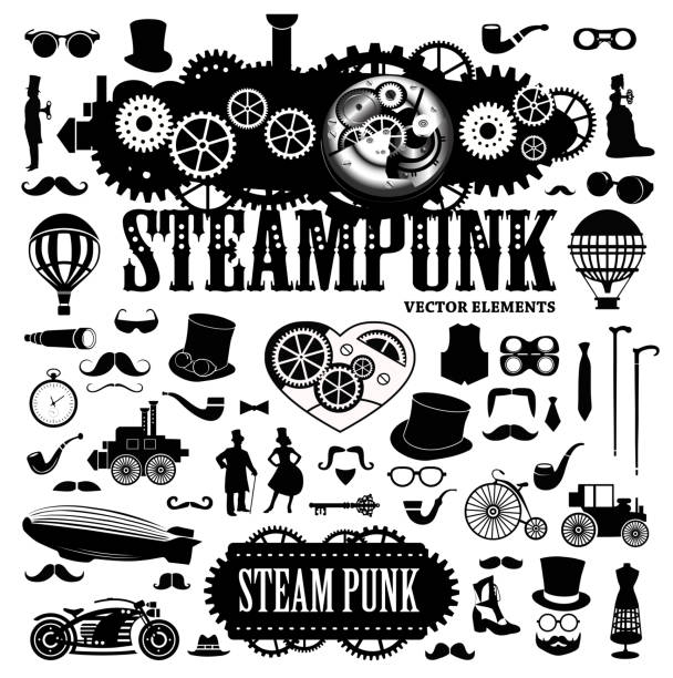 ilustraciones, imágenes clip art, dibujos animados e iconos de stock de steampunk elementos. vector iconos - steampunk
