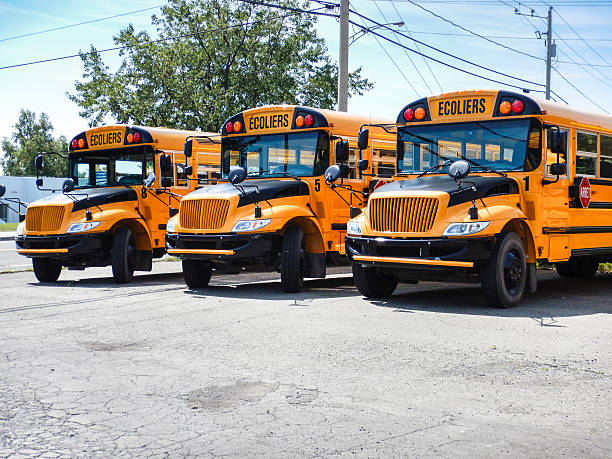 istock yellow school bus parked in row 471031748