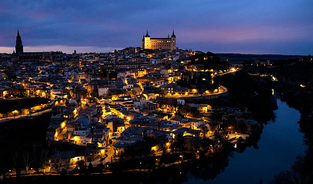 Beautiful night view of old Toledo city from the lookout across the Tagus river.