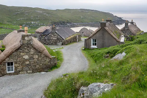 Village of ancient blackhouses on the Isle of Lewis, Outer Hebrides in Scotland