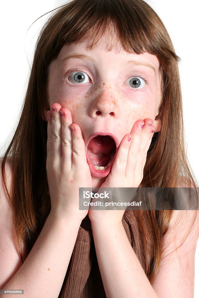 Oh No! Little seven year old girl, with hands to her cheeks in a surprised,  "Oh No!" pose 6-7 Years Stock Photo