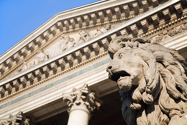 Lion in front of the Brussels stock exchange building stock photo