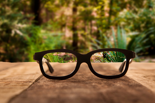 Pair of black eyeglasses on rustic wooden table. Forest or woodland area in background. Defocused forest, but sharp focus as looking through the glasses lenses.  This unique perspective makes great optometrist, vision healthcare concepts.