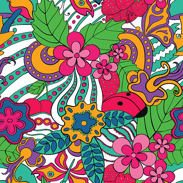 ilustraciones, imágenes clip art, dibujos animados e iconos de stock de psicodélico de patrones sin fisuras abstractos - flower illustration and painting single flower textile