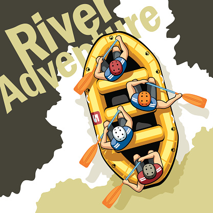On rough mountain river in a yellow inflatable boat rafting sit four men in helmets and life jackets. People are holding paddles and work together.