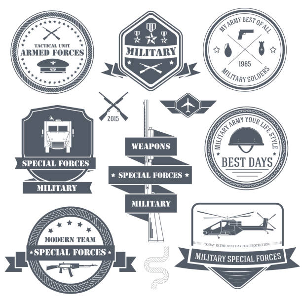 militär-set-label vorlage von emblem element für dein produkt - silhouette security elegance simplicity stock-grafiken, -clipart, -cartoons und -symbole