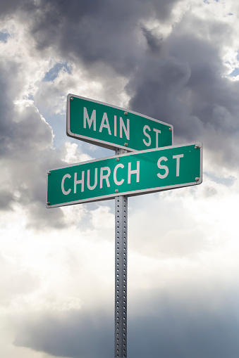 Street signs at intersection of main and church streets. Good for separation of church and state, or 